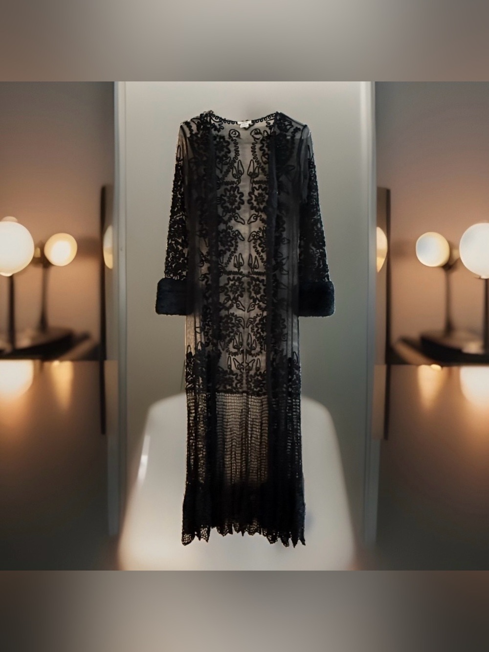 Vintage Cache Black Beaded Lace Maxi Duster Size 4 Faux Fur Cuffs Goth Y2K
